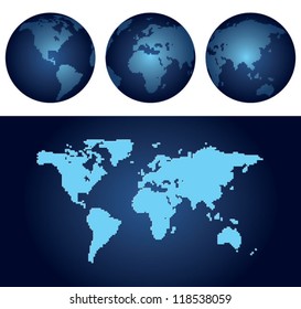 Pixel world map and globes business vector background