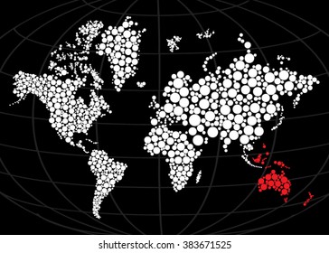 pixel world map with red spot. World Map polygonal with red spot. World map dot illustration on black background. Dotted world map. Vector art illustration