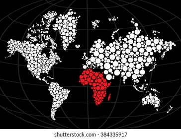 pixel world map with red spot. World Map polygonal with red spot. World map dot illustration on black background. Dotted world map. Vector art illustration