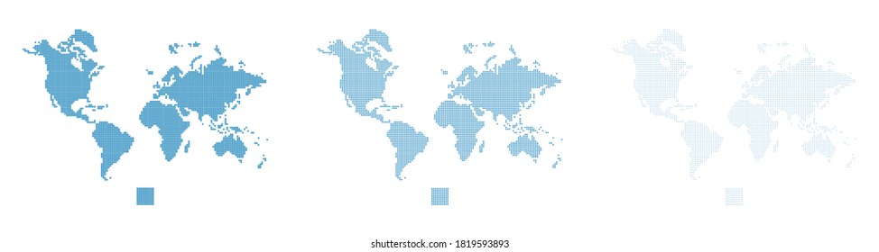 Pixel world map set in different resolution. Pixelated world maps. Vector.