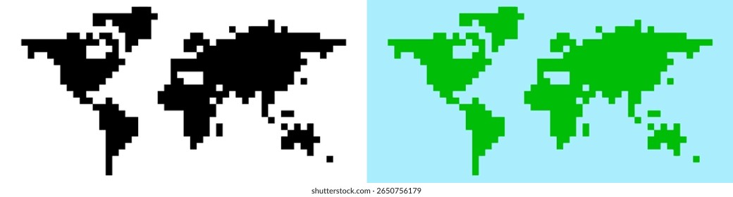 Pixel world map vector, a retro-style global representation for international themes, travel, or digital interfaces. Ideal for gaming, educational content, or nostalgic designs showing global reach.