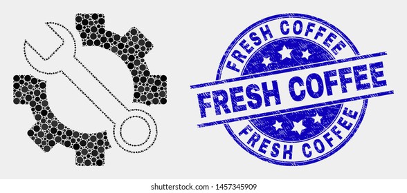Pixel wrench tools mosaic icon and Fresh Coffee watermark. Blue vector rounded textured watermark with Fresh Coffee message. Vector composition in flat style.