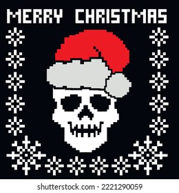 pixel Xmas sign with skull and Santa Claus, grunge vintage design t shirts