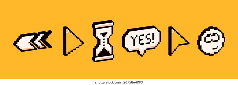 Flechas de píxel Y2K 3d, burbuja de discurso, reloj de arena y burbuja de discurso.
