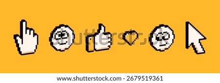 Pixel Y2K 3d gestures, emoji, heart and pointers.