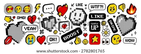 Pixel y2k 3d isometric emoji sticker set. Hearts happy sad crying love angry faces speech bubble fire kiss sparkle star etc. Social media and chat icons and elements. 8 bit retro game trendy style.
