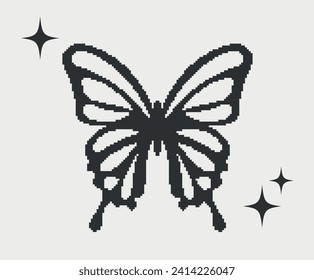 Pixel y2k black butterfly.  futuristic retro butterfly silhouette isolated, y2k shapes, set pixel logo objects