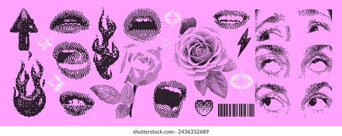 Pixel Y2K female eyes and mouths. Set of trendy different bitmap graphic elements. Retro futuristic clip art shapes for collage or retro design. 8 bit. Vector illustration. Rose, fire, star, heart.