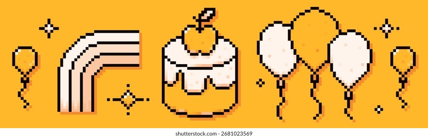 Elementos festivos do Pixel Y2K: balões, um arco-íris e um bolo de aniversário com uma maçã.