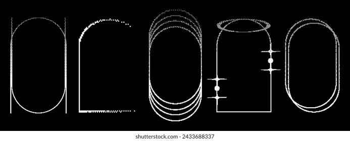 Pixel y2k geometric shape arch set. Window, arch pixel retro design. Bitmap y2k element grain. Vector illustration