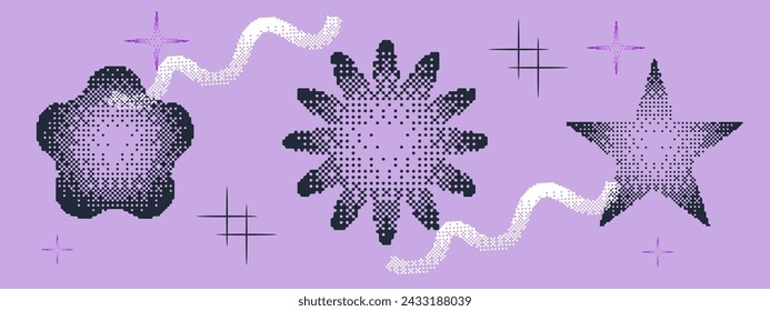 Pixel y2k geometric shape set. Flower, star pixel retro collage design. Bitmap y2k element grain. Vector illustration