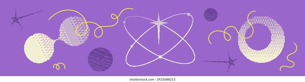 Pixel y2k geometric shape set. Pixel retro design. Bitmap y2k element grain. Vector illustration