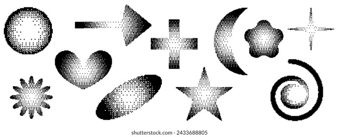 Pixel y2k geometric shape set. Star, heart, spiral pixel retro design. Bitmap y2k element grain. Vector illustration