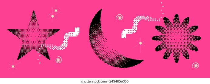 Conjunto de formas geométricas de píxeles y2k. Diseño de collage retro de flores, estrellas, píxeles lunares. Granulado de elemento y2k de mapa de bits. Ilustración de vector