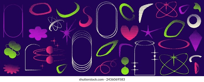Pixel y2k geometric shape set. Star, heart, arch pixel retro design. Bitmap y2k element grain. Vector illustration