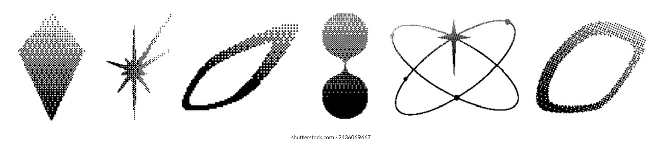 Pixel y2k geometric shape set. Pixel retro design. Bitmap y2k element grain. Vector illustration