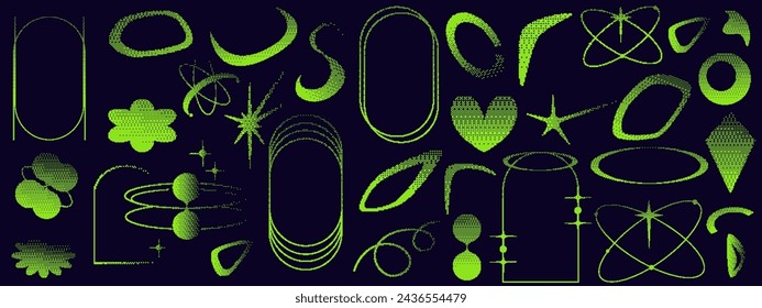 Pixel y2k geometric shape set. Star, heart, arch pixel retro design. Bitmap y2k element grain. Vector illustration