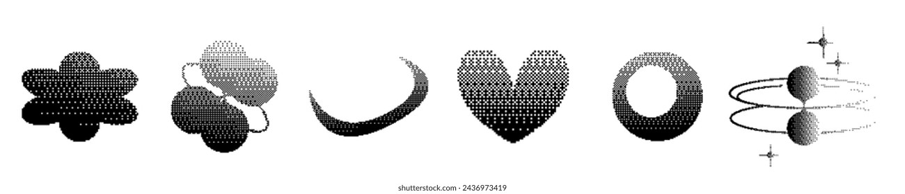Pixel y2k geometric shape set. Pixel retro design. Bitmap y2k element grain. Vector illustration