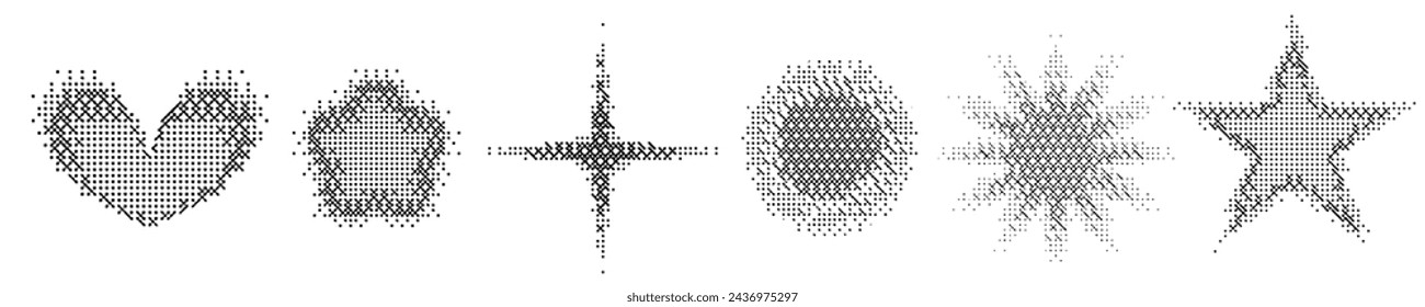 Pixel y2k geometric shape set. Pixel retro design. Bitmap y2k element grain. Vector illustration