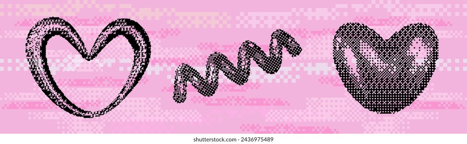 Pixel y2k geometric shape set. Pixel retro design. Bitmap y2k element grain. Vector illustration