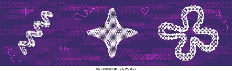 Pixel y2k geometric shape set. Pixel retro design. Bitmap y2k element grain. Vector illustration