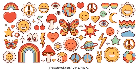 Pixel y2k groovy, rave, hippie and psychedelic symbols. Smile face, amanita mushroom and sun, butterfly or rainbow. Gamble dice, sunglasses with peace signs, daisy flower, disco ball, star with flash