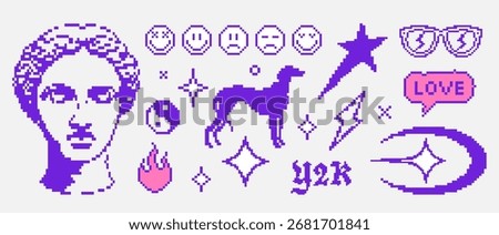 Pixel y2k retro icons set. Abstract vector elements in psychedelic acid style. Geometric sticker shapes in pixel art style. Digital brutalist techno glitch bitmap symbols collection. Isolated