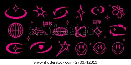 Pixel y2k retro icons set. Abstract vector elements in vaporwave acid style. Geometric sticker shapes in pixel art style. Digital brutalist techno glitch bitmap symbols collection. Isolated