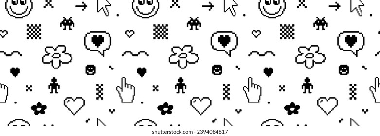 Pixel Y2k patrón retro sin fisuras. Iconos de 8 bits icono abstracto flor control de corazón cursor mano en estilo retro a la moda. Fondo vectorial del tatuaje de dibujos animados.