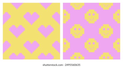Pixel Y2k retro seamless pattern set. 90s trendy playful art. Hearts, smile in yellow and pink colours. 8bit aesthetics vector illustration. Naive Simple geometric form. Funny colored vector
