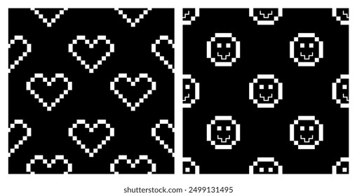 Pixel Y2k retro seamless pattern set. 90s trendy playful art. Hearts, Smile in black and white colours. 8-bit aesthetics print. Naive Simple geometric form. Monochrome vector illustration.