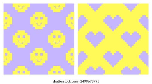 Pixel Y2k retro seamless pattern set. 90s trendy playful art. Hearts, smile in yellow and lavender colours. 8bit aesthetics vector illustration. Naive Simple geometric form. Funny colored vector