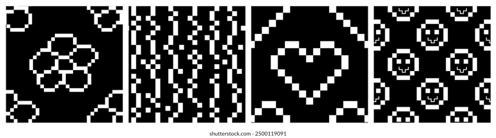 Pixel Y2k retro seamless pattern set. 90s trendy playful art. Pixelated Hearts, smile, daisy in black and white colours. 8 bit pixel art aesthetics, vector illustration. Naive Simple geometric form. 