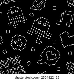 Pixel Y2k retro sin patrón en estilo de los años 90. Arte juguetón de moda. pulpo, sonrisa, labios y juego sobre texto en colores blanco y negro. Estética 8bit, Ilustración vectorial. Forma geométrica simple