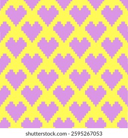 Pixel Y2k retro seamless pattern set. 90s trendy playful art. Hearts in yellow and lavender colours. 8bit aesthetics vector illustration. Funny colored vector