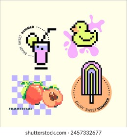 Pixel Y2k retro sticker. Funny summertime art. Fluid shapes and pixelated ice-cream, duck, peach, drink. Abstract shapes, checkered print and 8bit icons in trendy retro style. Trendy pastel colors