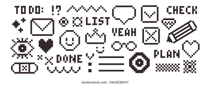 Pixel Y2k retro sticker pack. 8bit icons in trendy retro style. Check list, plan, to do list. Cartoon graffiti tattoo