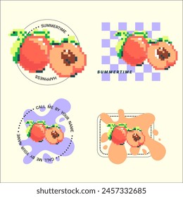 Pixel Y2k retro stickers with peaches. Funny summertime fruit. pixelated icons. abstract shapes and 8bit icons in trendy retro style. Fresh summer mood. Print with Nice Text. Peach fuzz color, purple