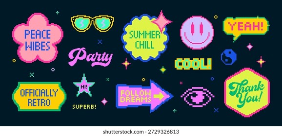 Conjunto de pegatinas retro Pixel y2k. Elementos Abstractas del icono del Vector en estilo ácido de la vaporonda. Formas geométricas de marco de 8 bits en estilo de arte de píxeles. Colección de símbolos de insignia de mapa de bits tecno brutalista digital. Aislado