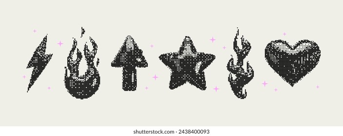 Pixel Y2K Shapes. Set of trendy different bitmap graphic elements. Stars, fires, arrow and heart. Retro futuristic clip art stickers for collage, retro design, t-shirt. 8 bit. Vector illustration.