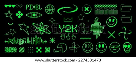 Pixel y2k shapes, trendy elements in vaporwave acid style. Universal geometric shapes - icons, shapes, elements in pixel art style. Y2k set emoji, smiley face, stars for t-shirt, merch, poster. Vector