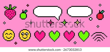 Pixel y2k speech bubbles with retro chat elements - white dialogue boxes, smiling emoticon faces and green apples. Wi-fi sign with red heart, strawberry and sparkle stars for vintage message interface