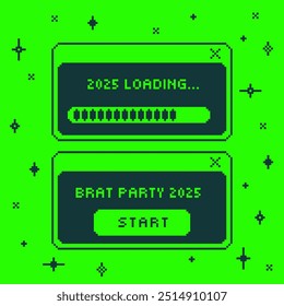 Pixel Y2k tarjetas abstractas juguetonas de moda para la celebración del año Nuevo. UI retro estilo de píxel 90 para el partido 2025. Concepto digital minimalista para la invitación de fiesta. Baba de neón verde. Brutalismo geométrico