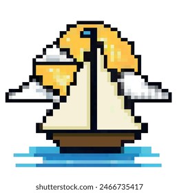 Pixel yacht in the rays of the sun for summer vacation in retro pixel art style. 80s-90s, digital vintage game style, stickers, sticker, print, banner, poster