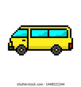 Pixel yellow minibus. Side view. Vector flat graphic illustration. Isolated object on white background. Isolate.
