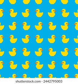 Pixel Yellow Rubber Duck on Blue Background Seamless Pattern vector illustration