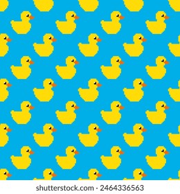 Pixel Pato de goma amarillo sobre fondo azul Ilustración vectorial de patrón sin costuras