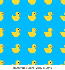 Pixel Yellow Rubber Duck on Blue Background Seamless Pattern vector illustration