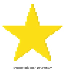 Pixel yellow star old style graphic with jagged edges isolated on white, vector icon.