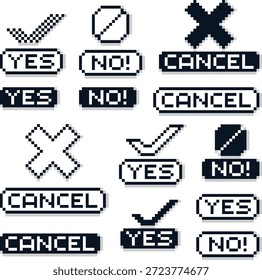 Pixel sí no cancelar el Botón y marca de verificación conjunto de iconos cruzados para la interfaz de usuario de juego retro